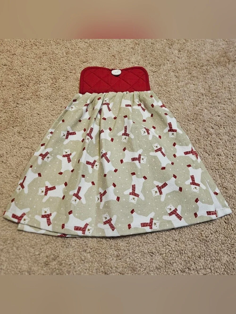 1 Handcrafted Potholder Attached To A Towel | Red + Tan | Polar Bears | Winter
